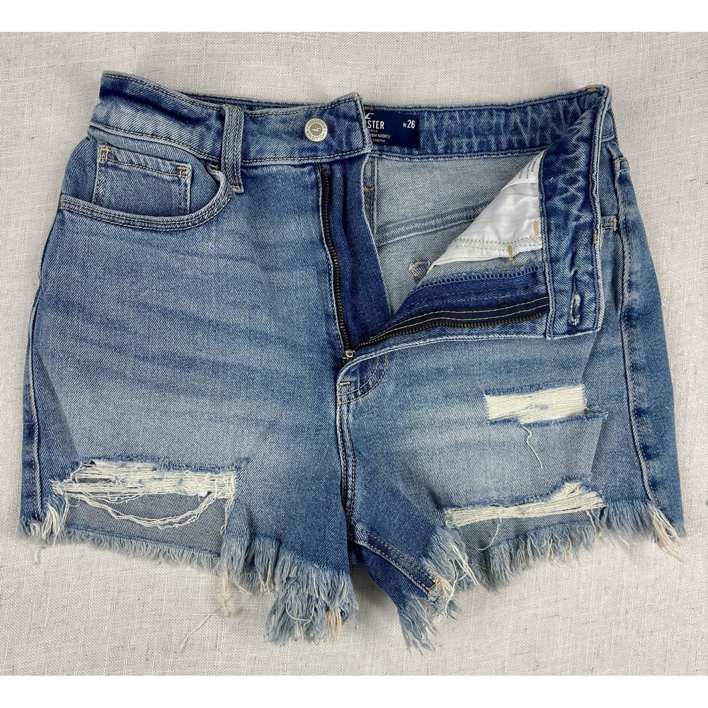 Hollister Ultra High Rise Mom Shorts Womens 3 W26 Blue‎ Denim Distressed Frayed
